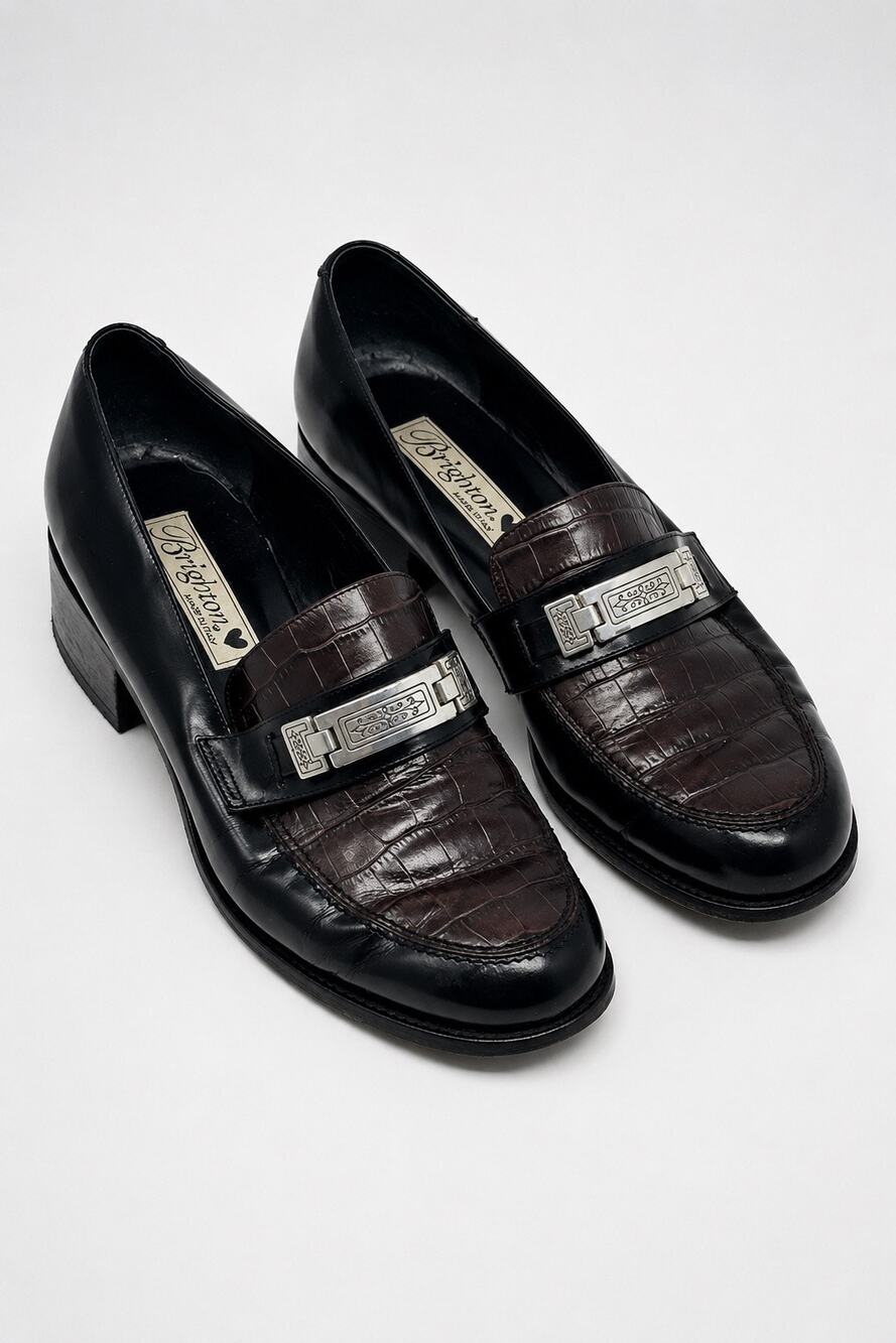 Brighton Made in Italy Leather Loafers – Black & Brown Croc Embossed | Size 8